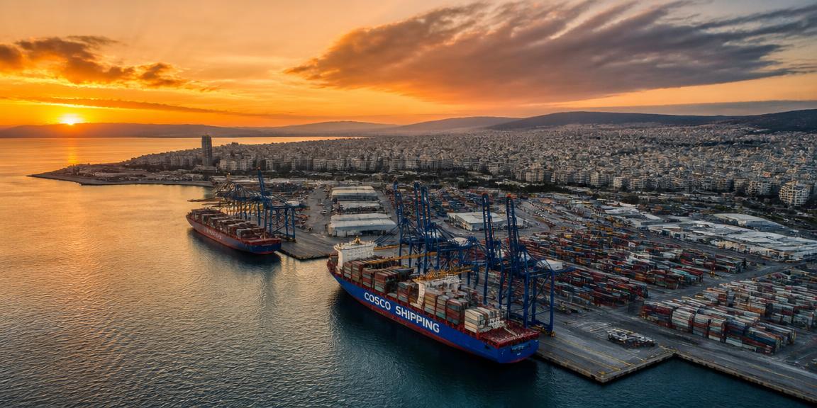 Aerial view of Piraeus port in Athens at sunset