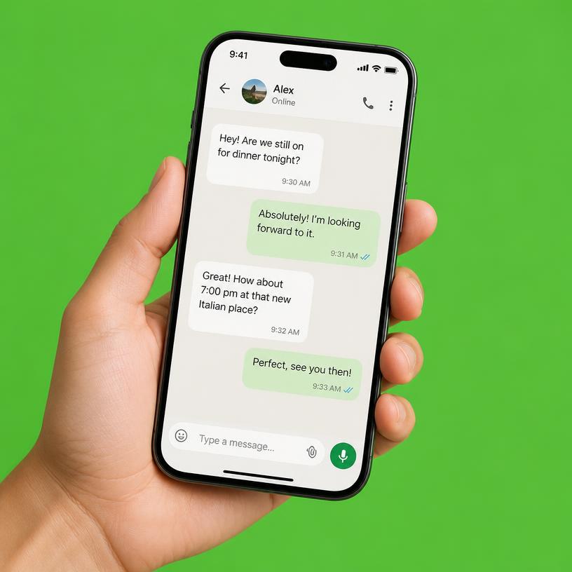Smartphone with messaging app on green background